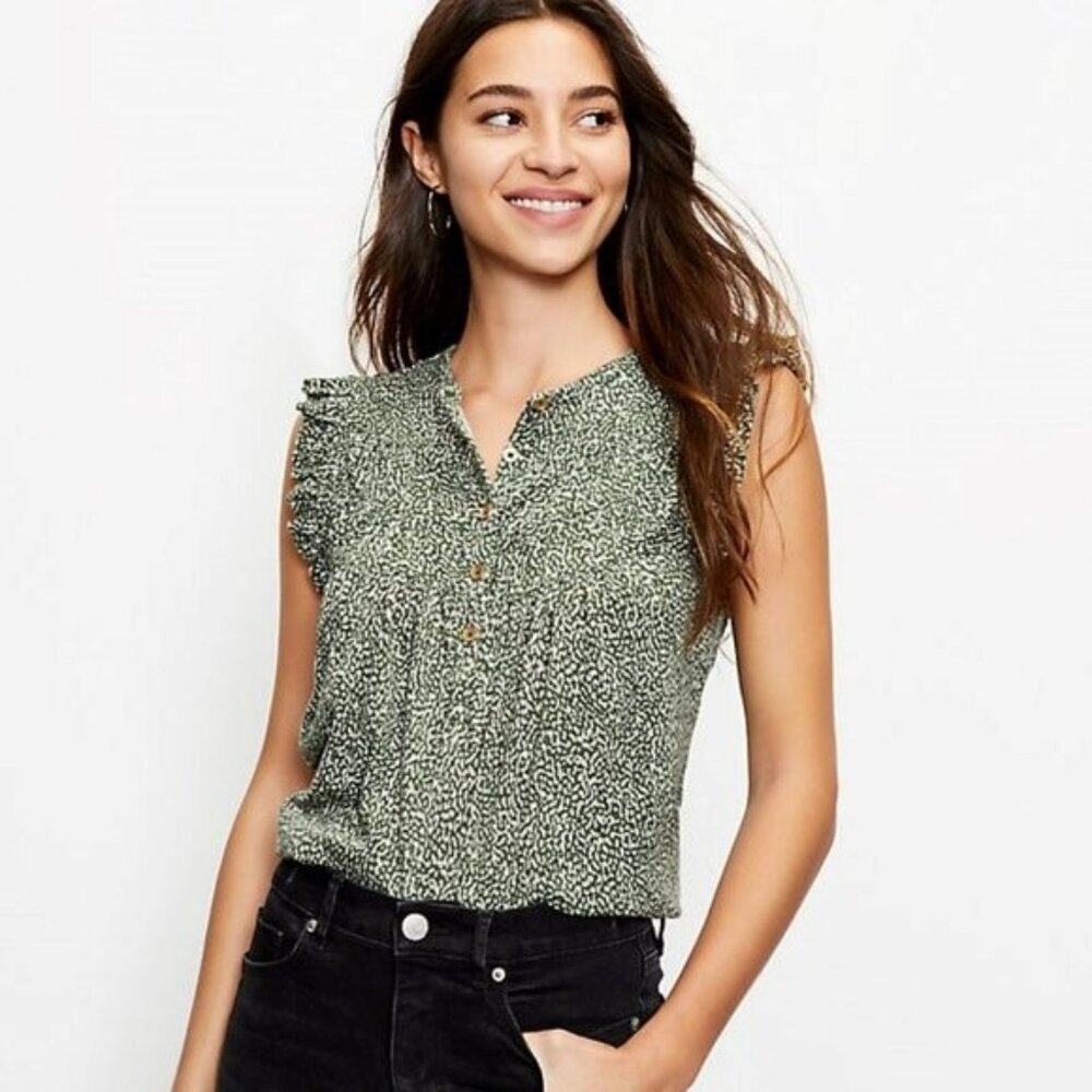 LOFT NWT Olive Spotted Ruffle Henley Top M